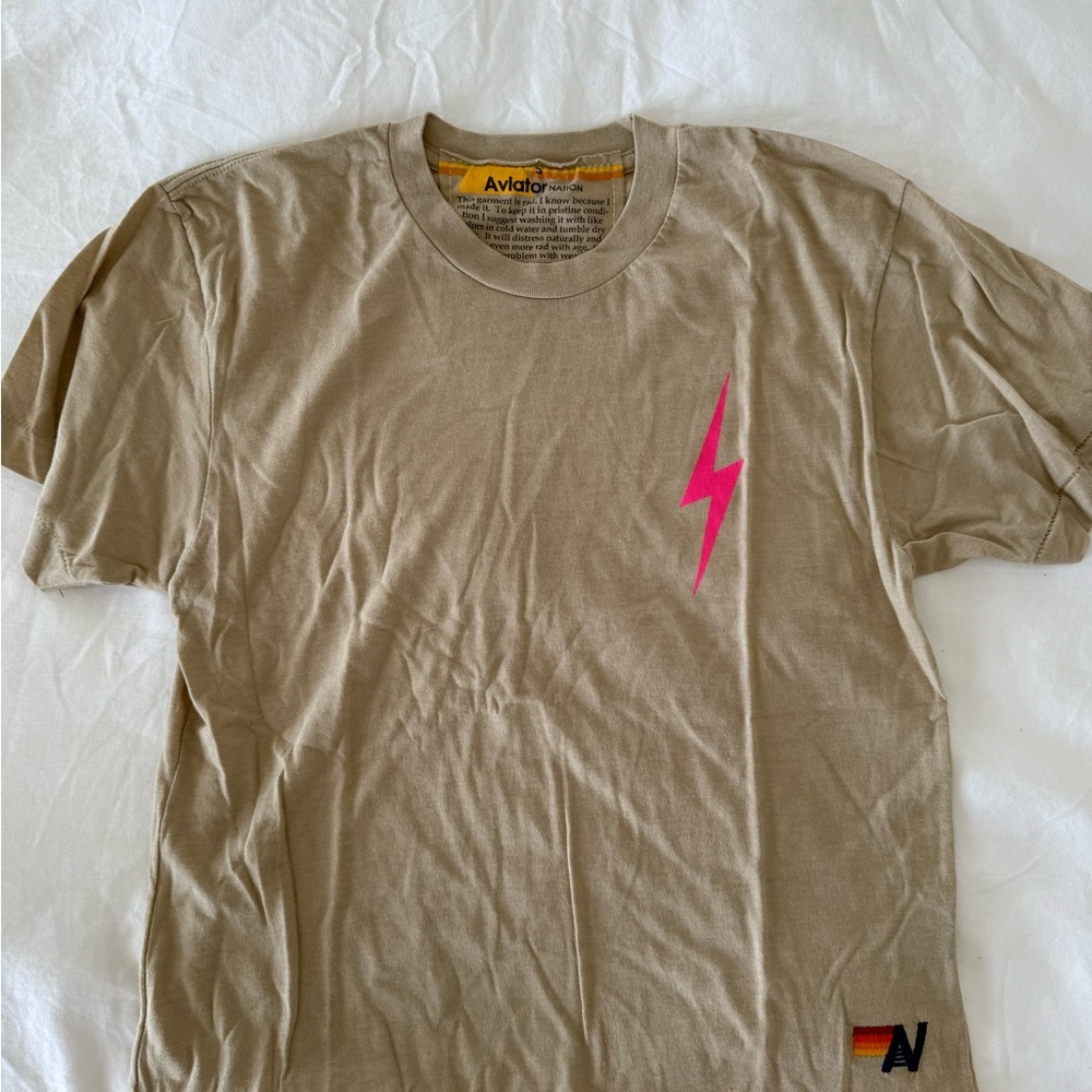 Aviator Nation Tan Tee with Pink Bolt